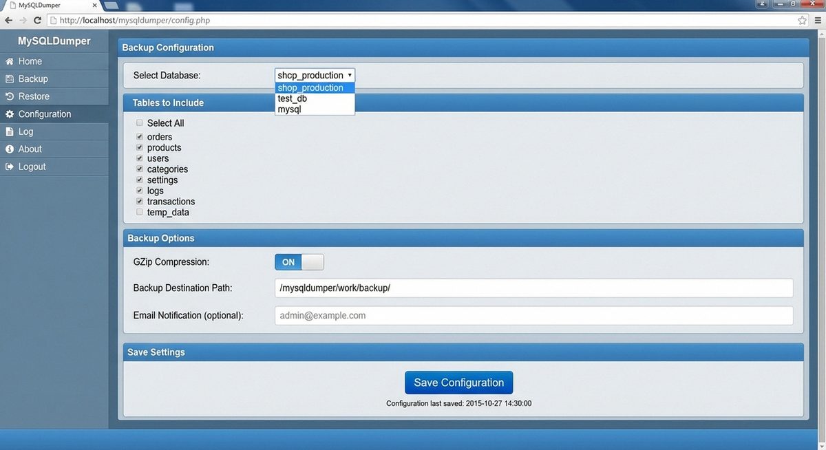MySQLDumper Backup-Konfiguration — Datenbank, Komprimierung und Zielverzeichnis einstellen