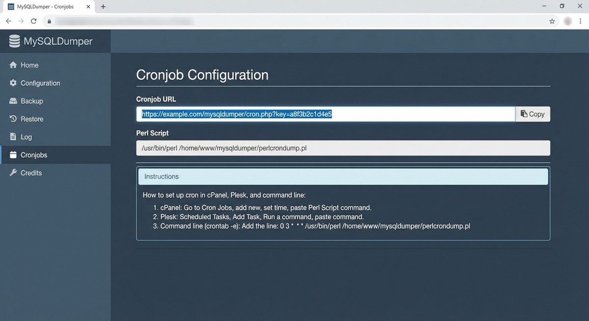 MySQLDumper Cronjob-Verwaltung — URL und Perl-Script für automatisierte Backups