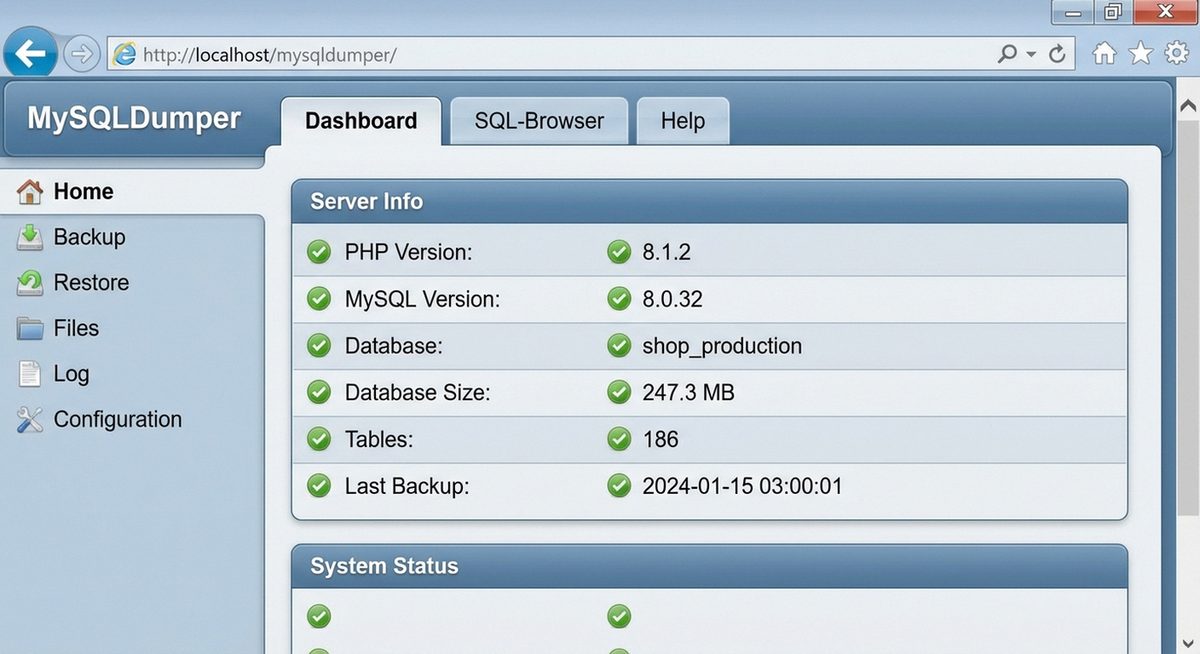MySQLDumper Dashboard — Serverinfo, Datenbankgröße und letztes Backup auf einen Blick